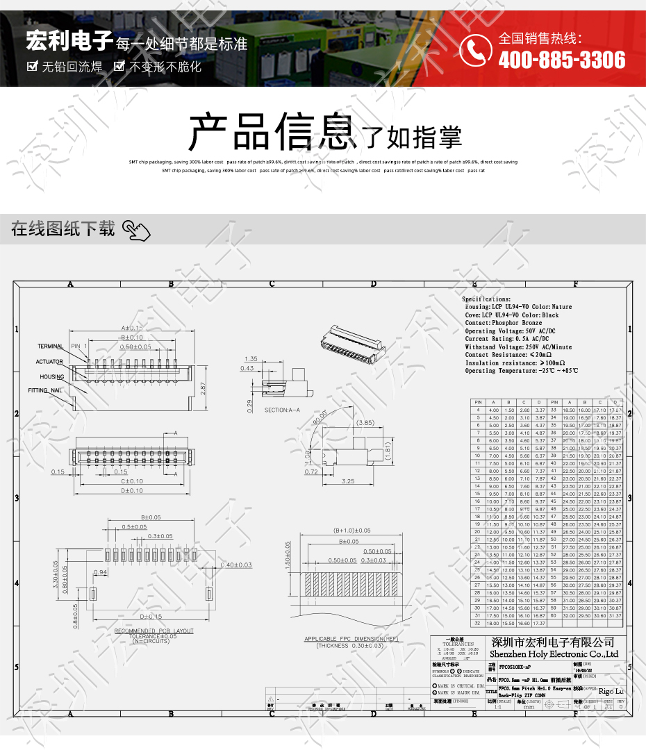 FPC/FFC轉(zhuǎn)接板 軟排線連接器 0.5MM 1.0H厚16P后鎖翻蓋式上下接觸