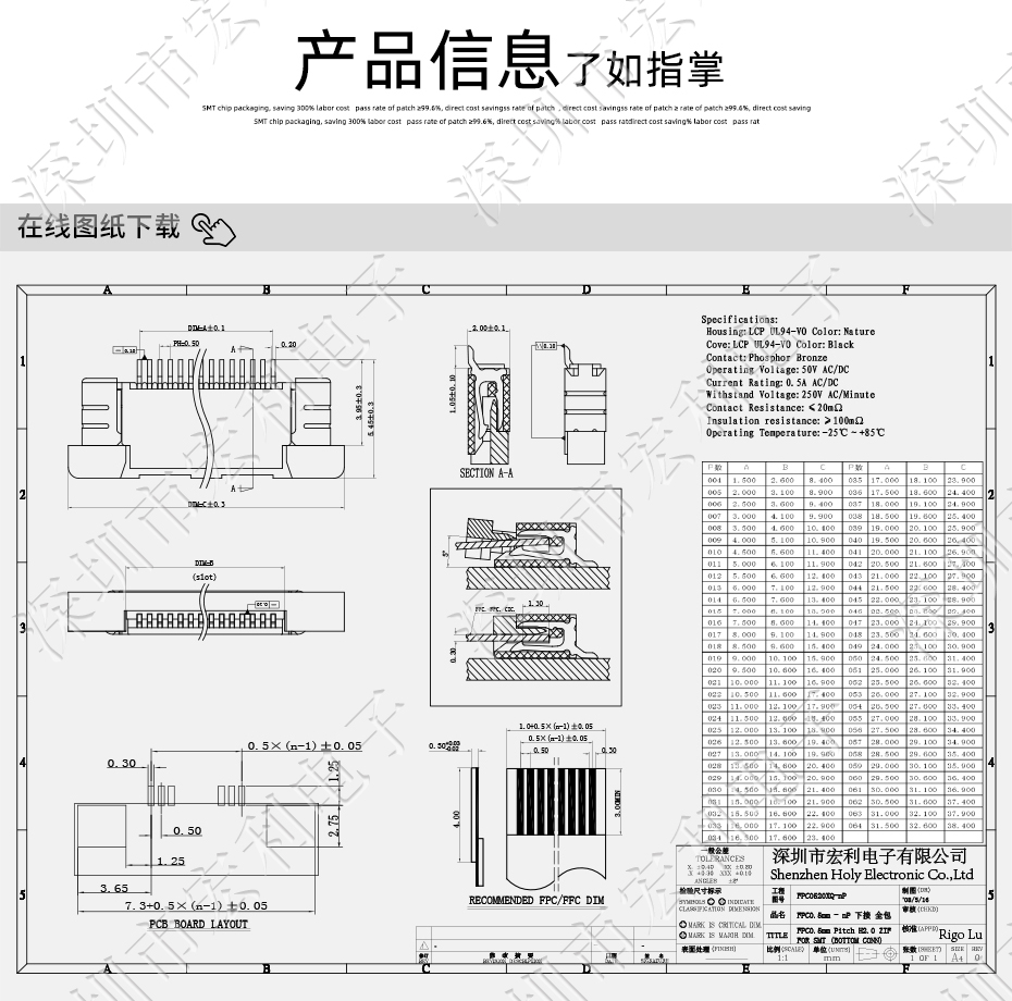 FFC/FPC連接器 軟排線插座 0.5mm間距-60P 下接拉鎖 60Pin 抽屜式