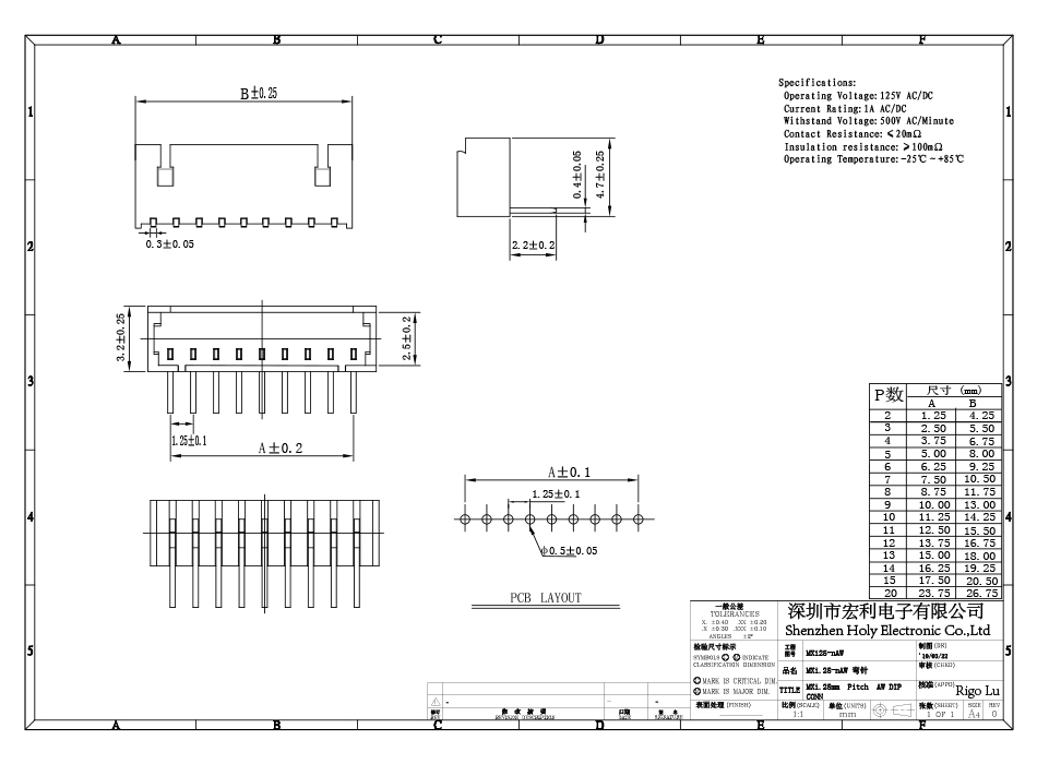 FPC插座 插件座子間距1.25mm 6AW位直插條形彎針連接器,宏利