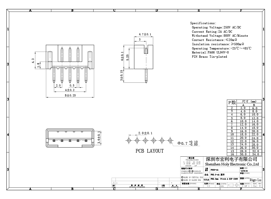 PH2.0MM 直針 針座 立式 直腳 2.0間距 2A 連接器座子,宏利