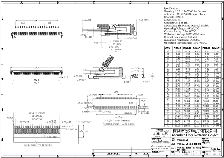 fpc連接器0.3mm間距H1.0厚翻蓋下接 封裝規格書圖紙 型號尺寸圖 在線下載